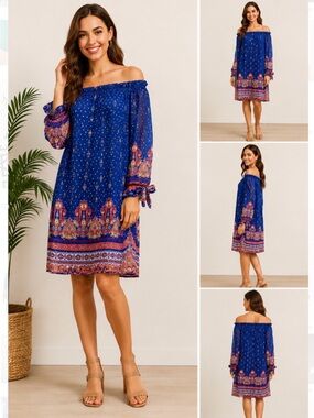 NWT Blue Off Shoulder Boho Dress Size L | Vacation Brunch Summer Dress